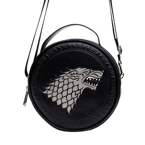 Game of Thrones Vegan Leather Round Crossbody Bag with Adjustable Straps, House of Stark Sigil Debossed and Filigree, Black - 1 of 4