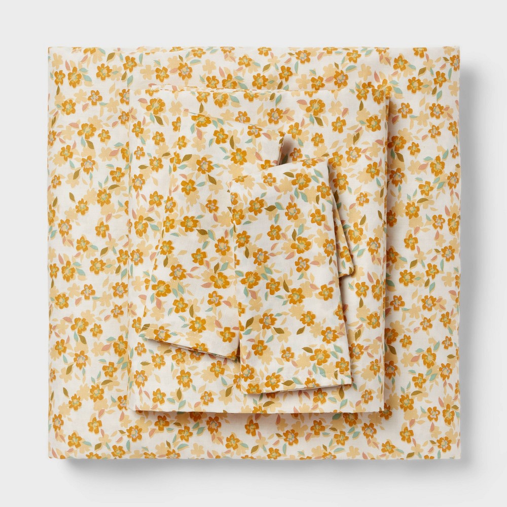 Photos - Bed Linen King Cotton Blend Sateen Sheet Set Yellow Floral - Room Essentials™