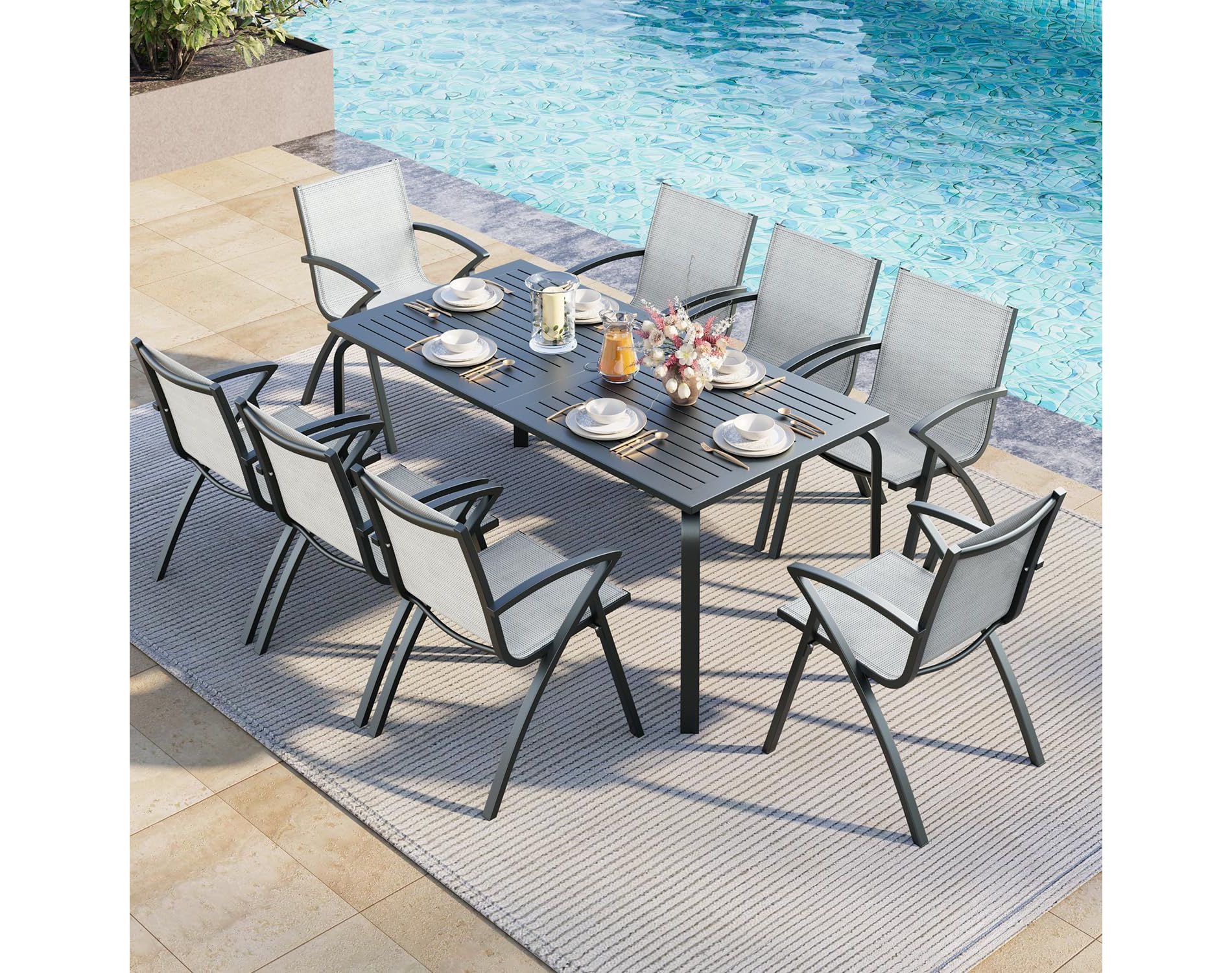 Acekool 9-Piece Aluminum Patio Dining Set - Outdoor Table with 6 Stackable Chairs, Umbrella Hole, Black