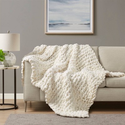 Ivory Chenille Luxurious Chunky Knit 50"x60" Throw Blanket
