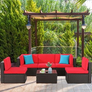 Celebalcony 6 Piece Patio Conversation Set All Weather Wicker Rattan Patio Sofa Outdoor Sectional Seating Group With Cushions  Red - 1 of 4