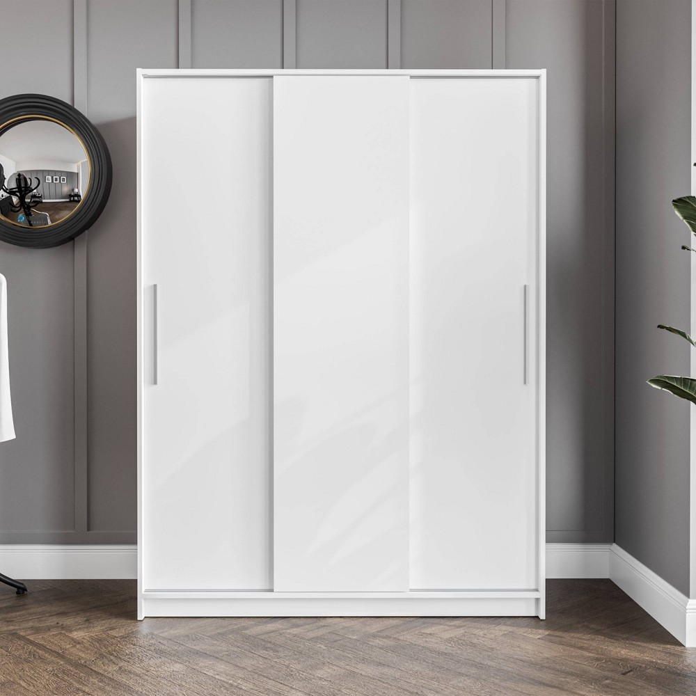 Polifurniture Denmark 3 Sliding Doors Clothing Armoire White: Modern Wardrobe Dresser with 4 Shelves, 2 Drawers