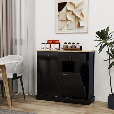 GlasFlength Decorative Storage Cabinet 2-Drawer and 2-Compartment Tilt-Out Trash Bin, for Kitchen and Living Room, Black, 39.37"*13.78"*35.34"