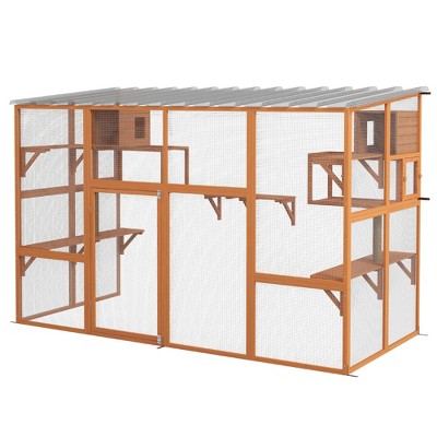 Large Orange Wooden Outdoor Cat House with Weather Protection Roof
