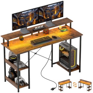 HOMCOM Reversible Computer Desk with Power Outlets and LED Lights, Home Office Desk with Monitor Stand and Storage Shelves - 1 of 4
