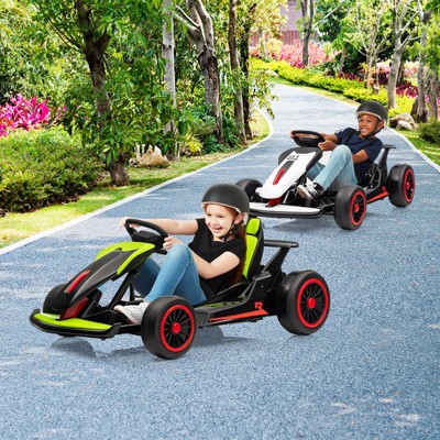 Red 24V Electric Drift Go Kart For Kids Ages 6-12 With Dual 200W Motors 8.1 MPH Adjustable Seat Led Lights Music Usb FM Radio Steel Frame Red