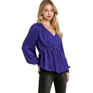 Slickblue Satin Baby Doll Top for Women, V-Neck with Ruffle Detail, Long Sleeve Blouse, Black/Wine/Sapphire, Size S-L - 1 of 4