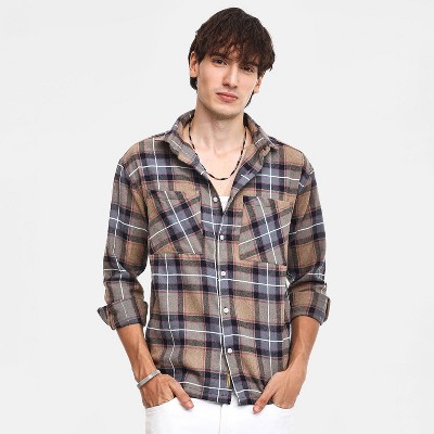 Campus Sutra Men Men's Icy Blue & Saltbox Beige Tartan Plaid Utility Shirt