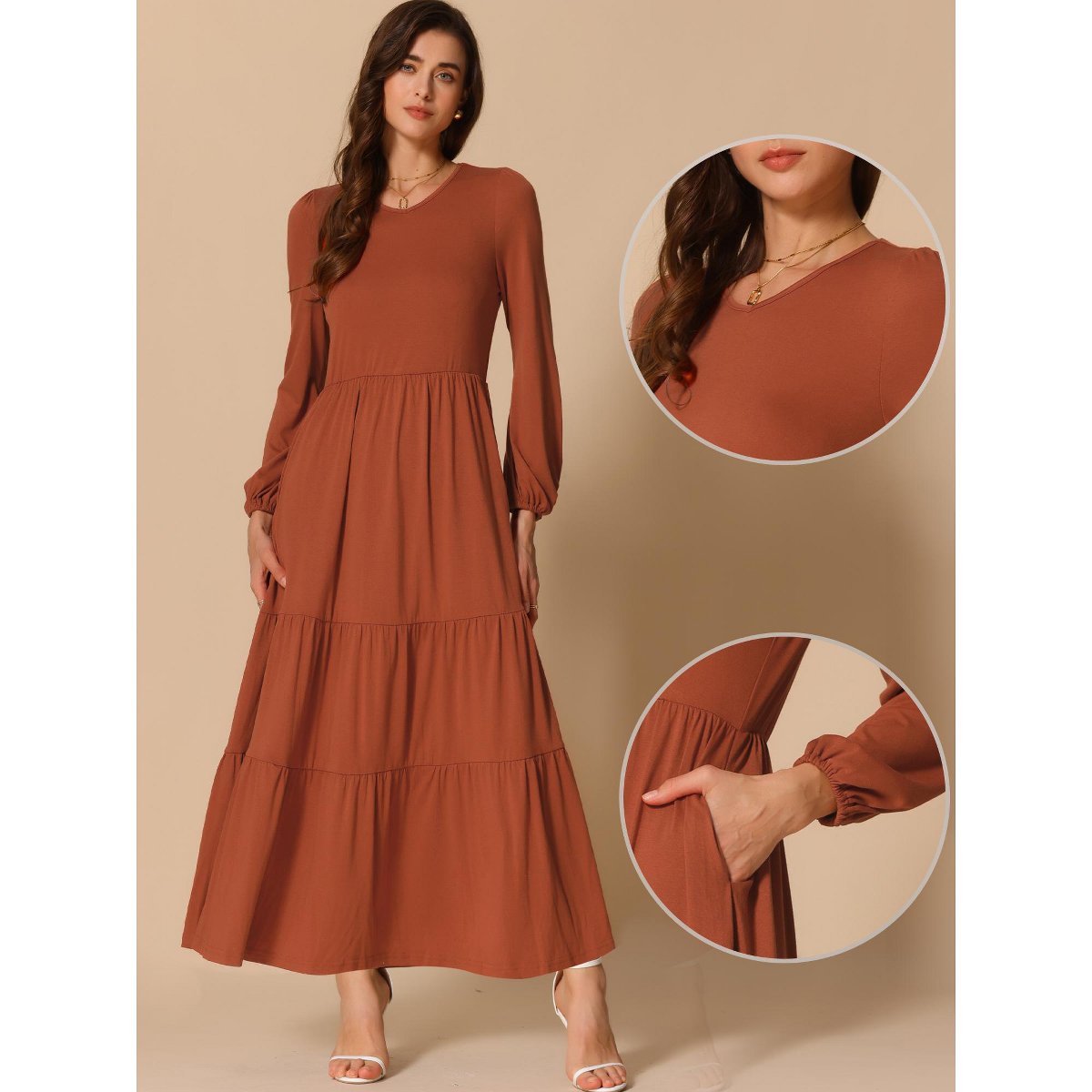 Женские платья INSPIRE CHIC Women's Tiered Crewneck Long Sleeve Maxi Casual A-Line Dress with Pockets Orange Medium — фото 2