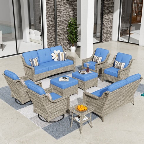 XIZZI 9 Pieces Sofa with Cushion, Swivel Rocking Chairs, Loveseat, High Back Rattan Chairs and Ottomans, 11 Seats Backyard Conversation Set - image 1 of 4