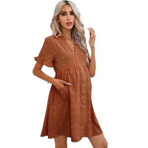 Maternity Swiss Dot Dress Summer V Neck Short Sleeve Button Down Mini Dress Baby Shower Photoshoot with Pockets - 1 of 4