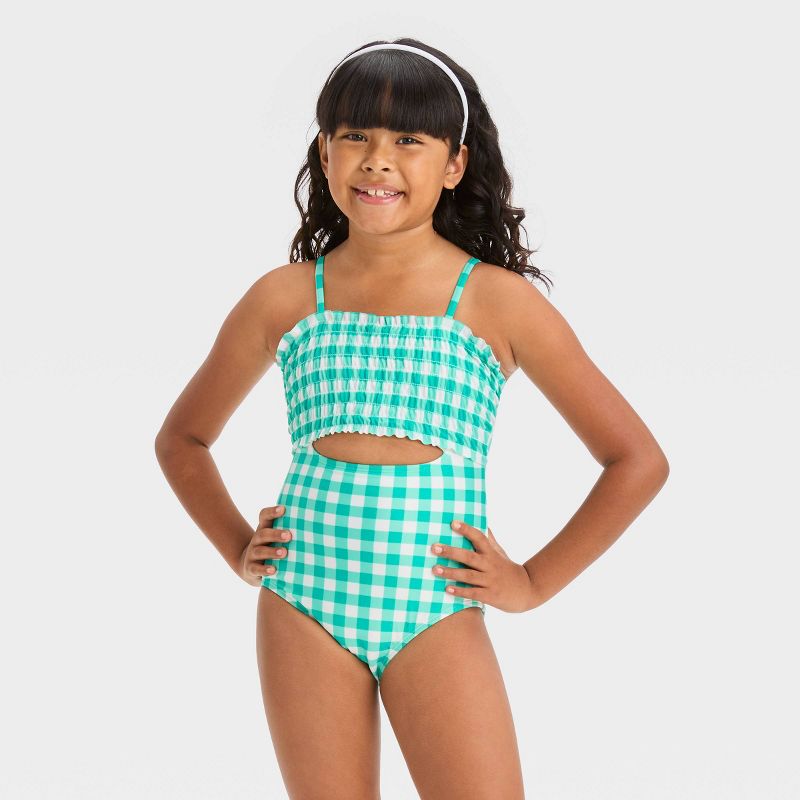 Girls&#39; &#39;Summer Jubilee&#39; Gingham Checkered One Piece Swimsuit - Cat &#38; Jack&#8482; Green, 1 of 5