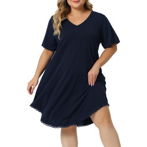 Agnes Orinda Women's Plus Size V Neck Short Sleeve Lace Trim Hem Nightgown - 1 of 4