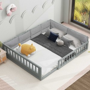 NicBex Full Size Upholstered Platform Bed 77.4" L Modern Wooden Bed Frame with Guardrail and Pillows for Bedroom, No Box Spring Required - 1 of 4