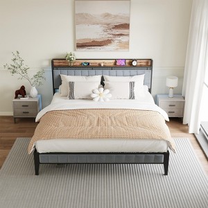 Linen Upholstered Platform Bed Frame with Storage Headboard & Lights – Built-In Charging Station, Heavy-Duty Metal Slats, Grey - 1 of 4