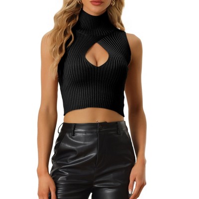 Allegra K Women's Mock Neck Cutout Pullover Sleeveless Crop Sweater Top