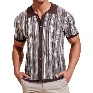 INSPIRE CHIC Men's Striped Knitted Summer Short Sleeves Button Down Jacquard Polo Shirts - 1 of 4