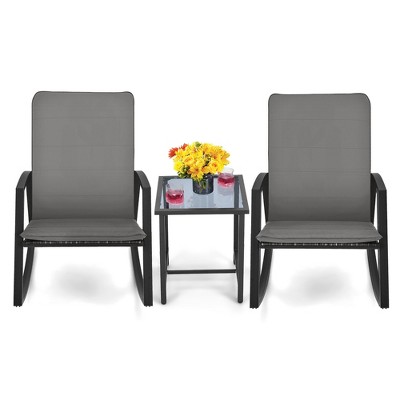 Tangkula 3PCS Rattan Bistro Rocking Chair Set Patio Furniture Set w/ Cushions