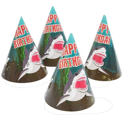 Blue Panda 24-Pack Happy Birthday Shark Design Party Paper Cone Hats for Kids Birthday Party Favors