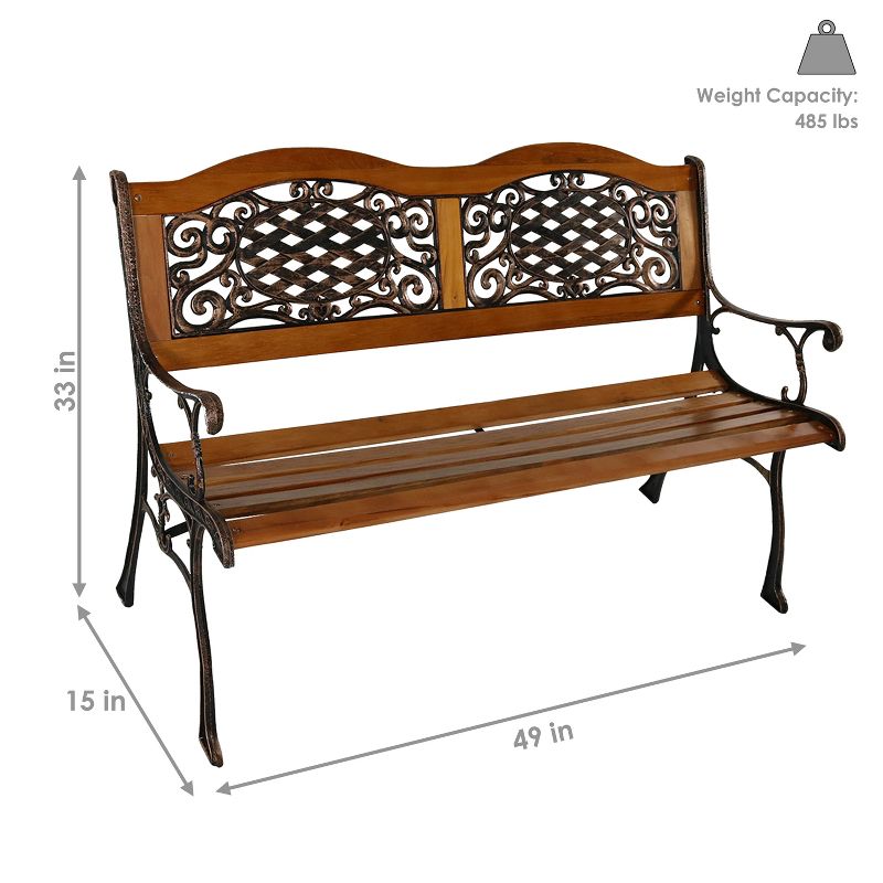 Sunnydaze 2-Person Ivy Crossweave Design Cast Iron and Wood Frame Outdoor Garden Bench, 3 of 8