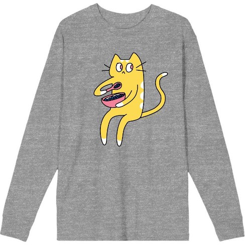 Derpy Kitty Cat With Pink Bowl Adult Heather Gray Crew Neck Long Sleeve ...