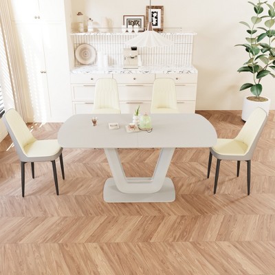 Vynxaria 5-Piece Expandable Dining Set-Rectangular Table (U-Legs, 2-8 Seats) and 4 PU Cushioned Chairs, MDF, 10-15min Easy Assembly