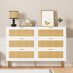 Rattan 6 Drawer Dresser, Farmhouse Wooden Chest of Drawers with 5 Metal Legs - 1 of 4