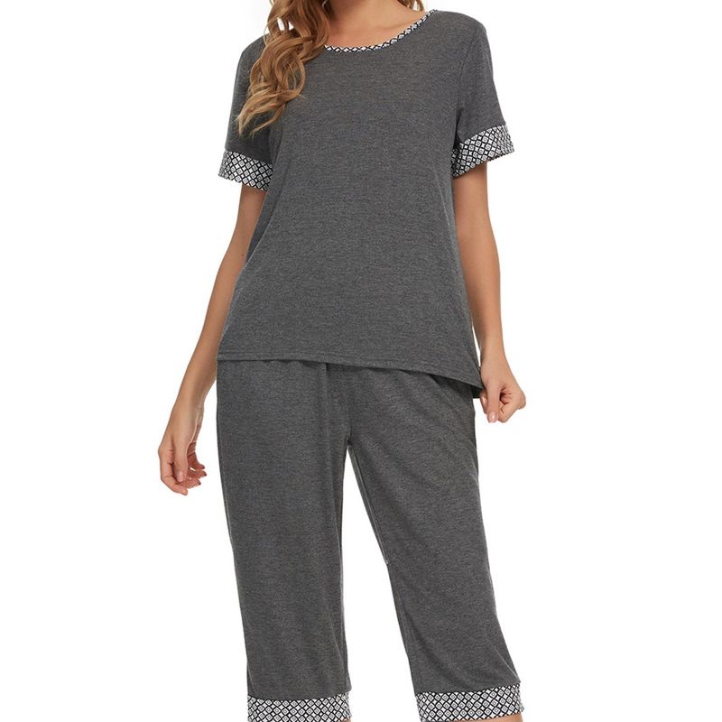 cheibear Womens Round Neck Pajama Set with Capri Pants Casual Lounge Sleepwear, 5 of 6