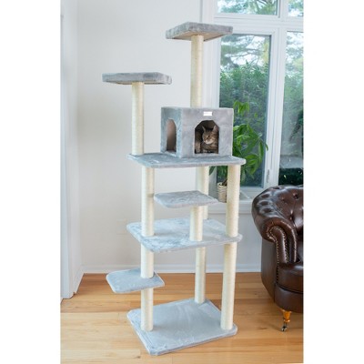 74-Inch Silver Gray Faux Fur Multi-Level Cat Tree with Sisal Posts
