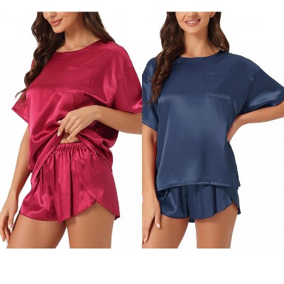 INSPIRE CHIC Women's 2 Pcs Lounge Sets Satin Silky Short-Sleeve Tee with Side-Slit Elastic Shorts Sleepwear