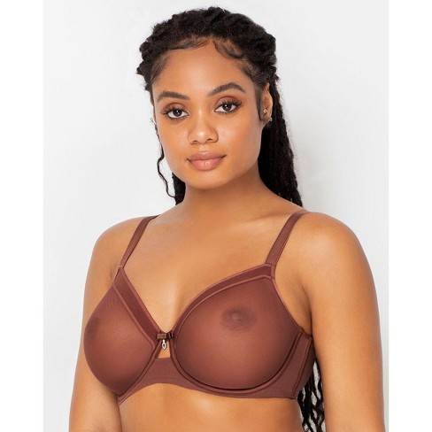 Curvy Couture Women's Sheer Mesh Full Coverage Unlined Underwire Bra  Chocolate 40DD