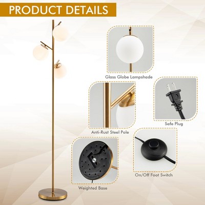Golden 3-Globe Floor Lamp with Glass Shades and Foot Switch