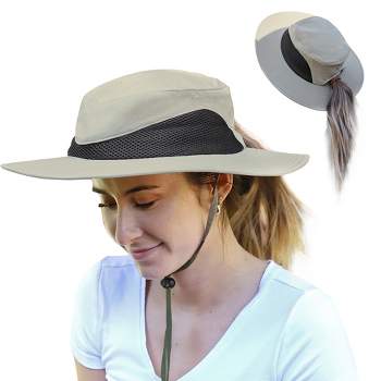 Tirrinia Womens Sun Hat Extra Wide Brim Ponytail Boonie Fishing Safari Hiking Cap
