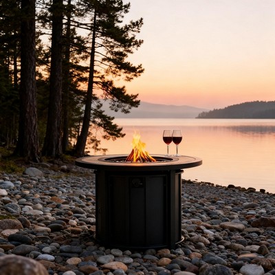 30" Propane Gas Fire Pit Table, 50000 BTU Round Steel Fire Pit with Mosaic Ceramic Tabletop for Outside Patio Deck Garden Backyard- Black