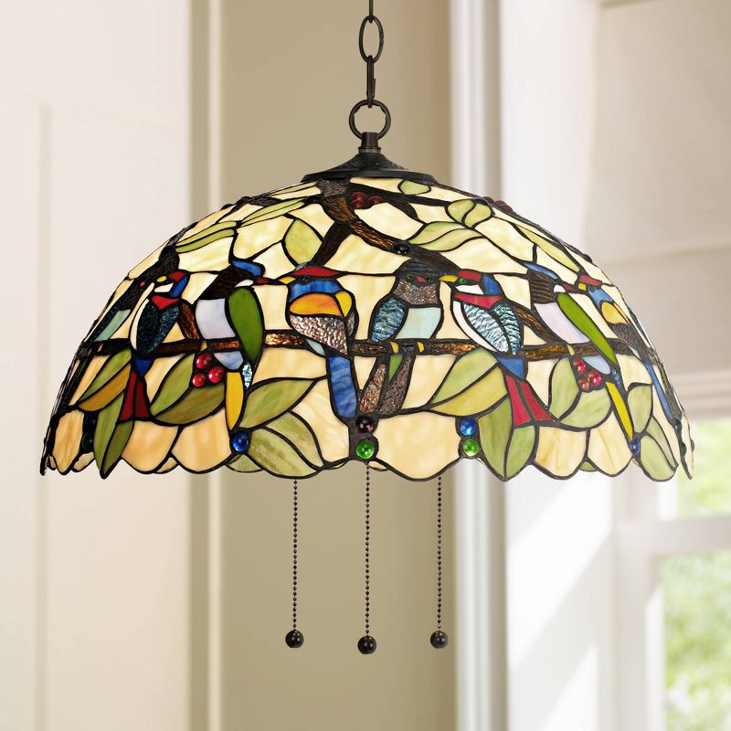 Robert Louis Tiffany Bronze Plug In Swag Pendant Chandelier 20" Wide Mission Garden Birds Stained Glass 3-Light Fixture for Dining Room Kitchen Island, 2 of 9