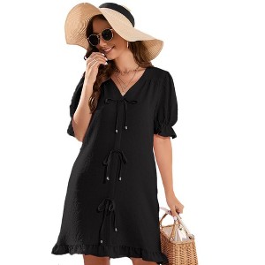 Womens V Neck Summer Dress Front Tie Detail Ruffle Trim Tunic Dress Ruffled Short Sleeve Pleated Pullover Sundress - Black,M - 1 of 4