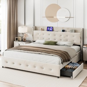 King - Full Size Diamond Tufted Bed with  Built-in Charging Station, 4 Fabric-Lined Drawers, Velcro Wood Slats, Silver Buckle Glam - 1 of 4