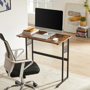 VECELO 32/44 in. Small Computer Desk, Wooden Writing Study Work Desk with Storage & Hook for Home or Bedroom, Brown - 1 of 4