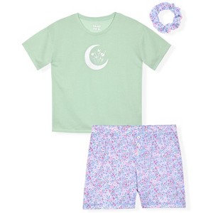 Sleep On It Girls 2-Piece Short-Sleeve Jersey Pajama Shorts Set with Matching Hair Scrunchie - 1 of 4