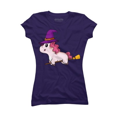 Junior's Design By Humans Witch Unicorn Halloween T Shirt By thebeardstudio T-Shirt