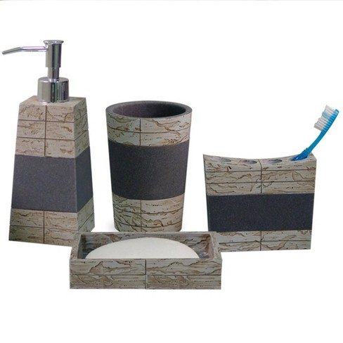 brown and grey bathroom accessories