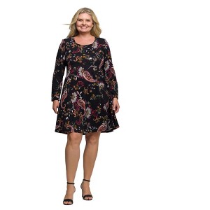 24seven Comfort Apparel Black Paisley Print Long Sleeve Fit and Flare Dress - 1 of 3
