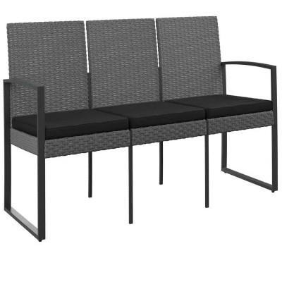 60"3-Seater Patio Bench with Cushions Dark Gray PP Rattan