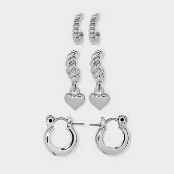 Bead/Smooth/Twist with Heart Drop Hoop Earring Set 3pc - Universal Thread™ Silver