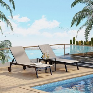 Black Metal Outdoor Lounge Chairs with Weather-Resistance Textilene Fabric, 5 Adjustable Backrest, Wheels, Black Patio Table,Set of 3 - 1 of 4