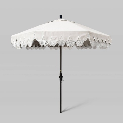 9' Fiberglass Ribs and Scallop Base Fringe Market Umbrella with Crank Lift - Bronze Pole - California Umbrella - image 1 of 3