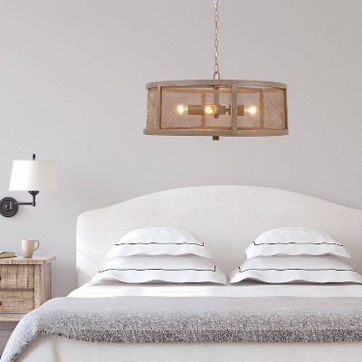 Rustic Farmhouse Woodgrain Metal Drum Chandelier with Mesh Sides
