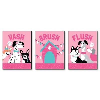 Big Dot of Happiness Pawty Like a Puppy Girl - Kids Bathroom Rules Wall Art - 7.5 x 10 inches - Set of 3 Signs - Wash, Brush, Flush