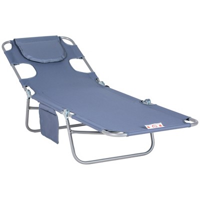 Outsunny Folding Beach Lounge Chair with Face Hole and Arm Slots, 5-level Adjustable Sun Lounger Tanning Chair with Pillow