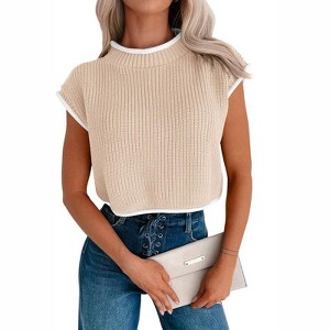 Coolmee Women's Cap Sleeve Crop Tops Summer High Neck Contrast Color Sweater Vest Ribbed Knit Sleeveless Tank Top - 1 of 4